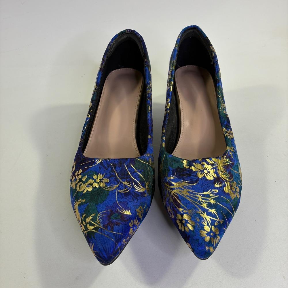 Blue Gold Floral Brocade Pointed Toe Block Heel Pumps Size 45